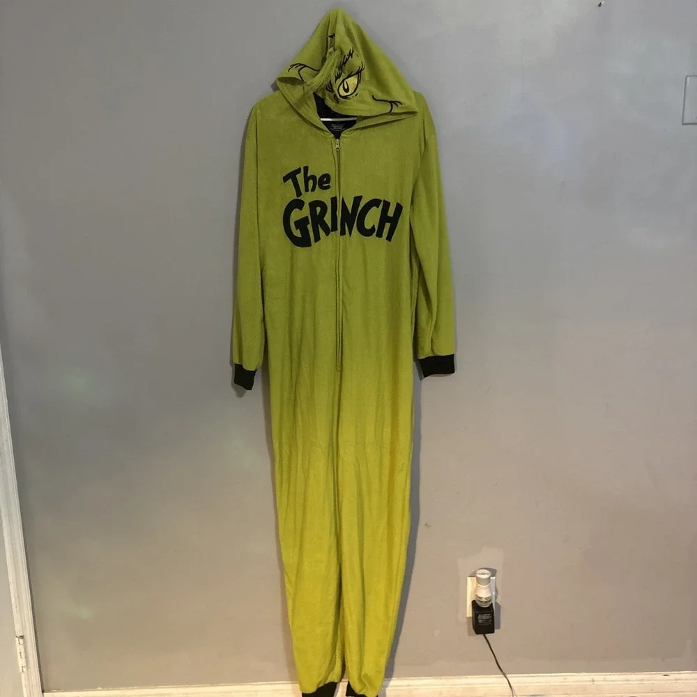 The Grinch Pajamas One Piece Zip Costume Christmas Fleece Hooded Size S/M (7/9)